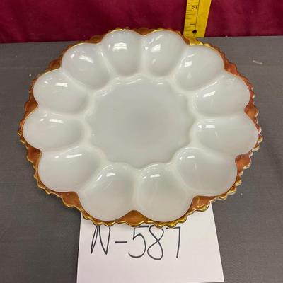 Vintage milk glass deviled egg tray with gold trim