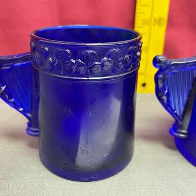 Cobalt blue cup w/shamrocks and harp handles