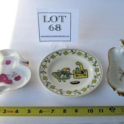 3 Older Dishes, Metlox Happy Time Small Plate, Lefton Candy Dish and Floral Ashtray