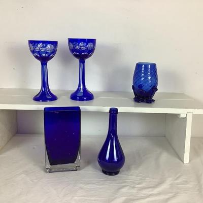 Lot 6070 Pair of Vintage Bohemian Czech Crystal Cobalt Blue Stemware with Vases