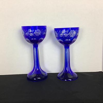 Lot 6070 Pair of Vintage Bohemian Czech Crystal Cobalt Blue Stemware with Vases