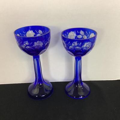 Lot 6070 Pair of Vintage Bohemian Czech Crystal Cobalt Blue Stemware with Vases
