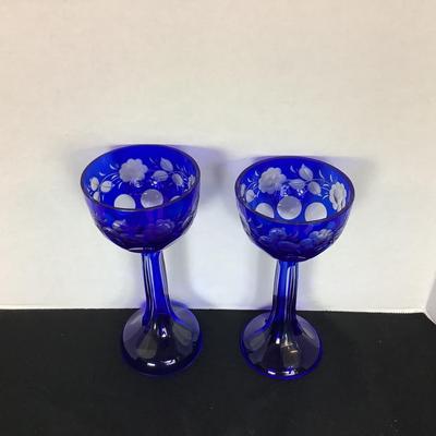 Lot 6070 Pair of Vintage Bohemian Czech Crystal Cobalt Blue Stemware with Vases