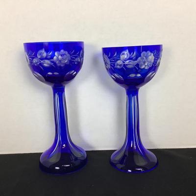 Lot 6070 Pair of Vintage Bohemian Czech Crystal Cobalt Blue Stemware with Vases