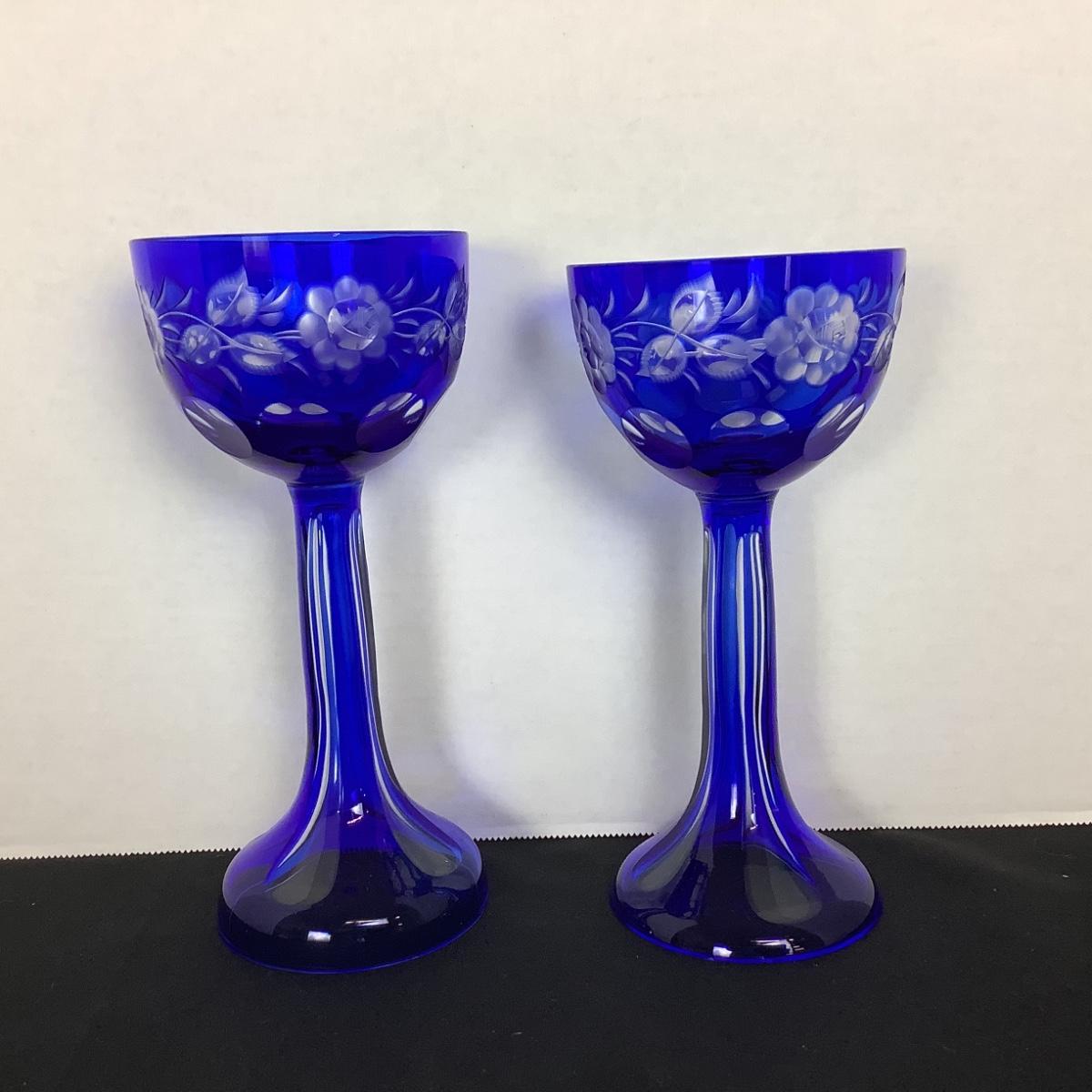 Lot 6070 Pair Of Vintage Bohemian Czech Crystal Cobalt Blue Stemware With Vases 0476