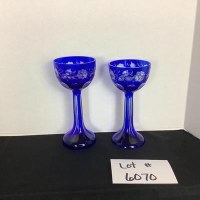 Lot 6070 Pair of Vintage Bohemian Czech Crystal Cobalt Blue Stemware with Vases