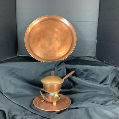 Lot 6084. Vintage Copper Tray and Wooden Handle Fondue Pot