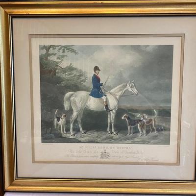 Hand colored engraved equestrian framed print â€œMr. Will Long on Berthaâ€