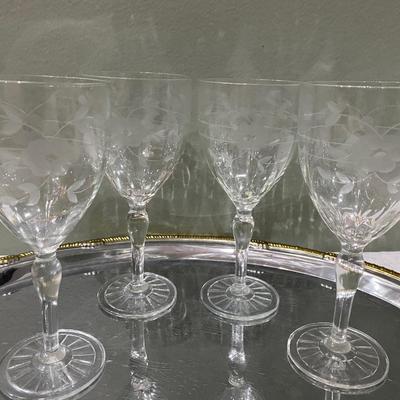 Set of 4 Vintage Lennox cut crystal etched wine glasses