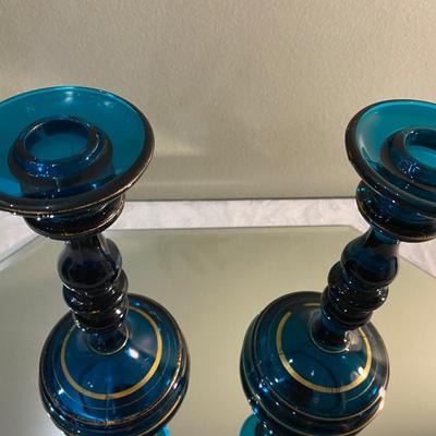 Vintage turquoise glass candlesticks