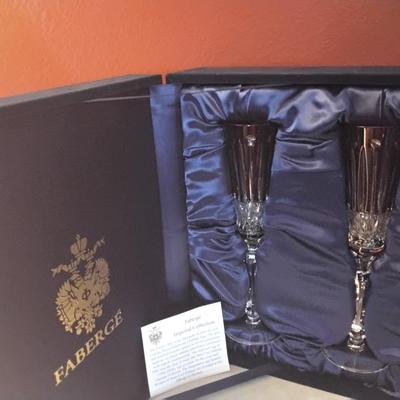 FABERGE Set of 2 XENIA Ruby Red Cut to Clear Crystal Champagne Flutes signed in Presentation Box