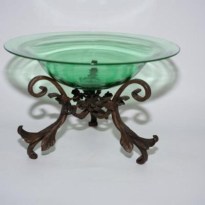 BEAUTIFUL 1920's GREEN GLASS BOWL (POLISHED PONTTIL) SET IN A FANCY WROUGHT IRON STAND