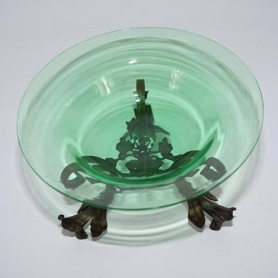 BEAUTIFUL 1920's GREEN GLASS BOWL (POLISHED PONTTIL) SET IN A FANCY WROUGHT IRON STAND