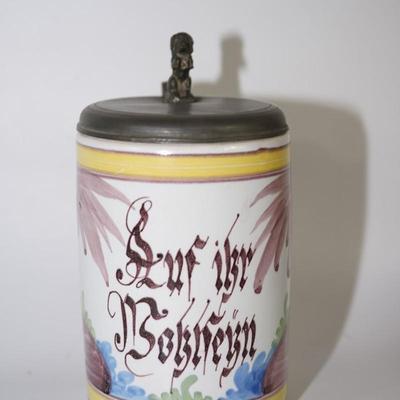 CERAMIC STEIN WITH FAIENCE GLAZE HAND PAINTED /PEWTER LID