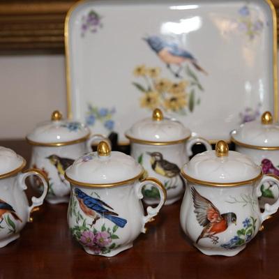 LIMOGE DEMITASSE LIDDED CUPS AND TRAYS W/ SONGBIRDS AND FLORAL