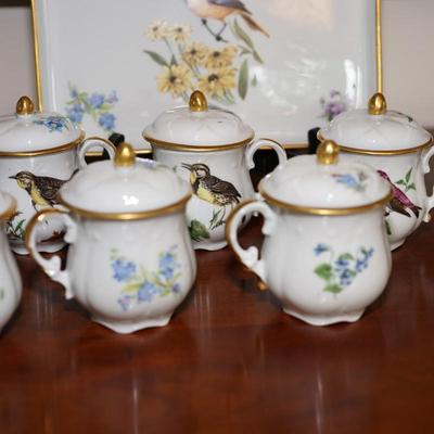 LIMOGE DEMITASSE LIDDED CUPS AND TRAYS W/ SONGBIRDS AND FLORAL