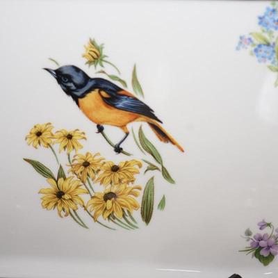 LIMOGE DEMITASSE LIDDED CUPS AND TRAYS W/ SONGBIRDS AND FLORAL