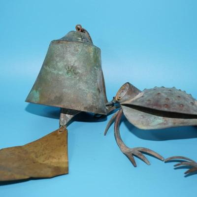 AMAZING SOUNDING BRONZE BELL. COMES WITH TIN FOLK ART MADE FROG