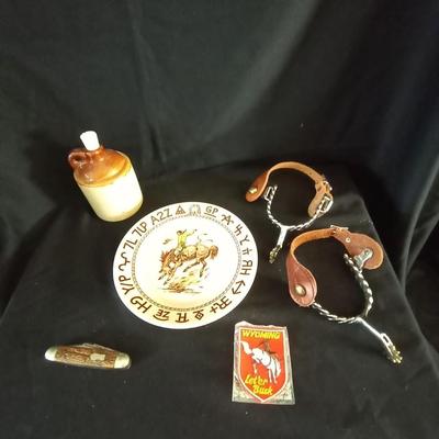 SPURS-RODEO PATCH-CLAY JUG-POCKET KNIFE AND RODEO PLATE