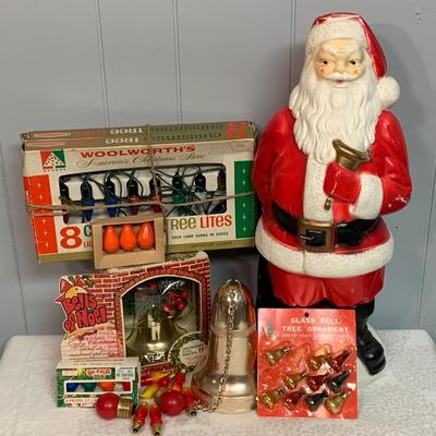 Lot 68R: Vintage Christmas: Santa Blow Mold, Lights in Box, Bell in Box & More