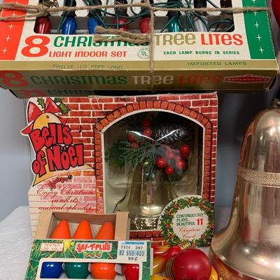 Lot 68R: Vintage Christmas: Santa Blow Mold, Lights in Box, Bell in Box & More