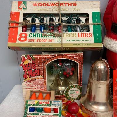 Lot 68R: Vintage Christmas: Santa Blow Mold, Lights in Box, Bell in Box & More