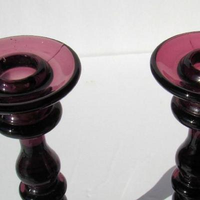 Pair Old Amethyst Glass Candlesticks