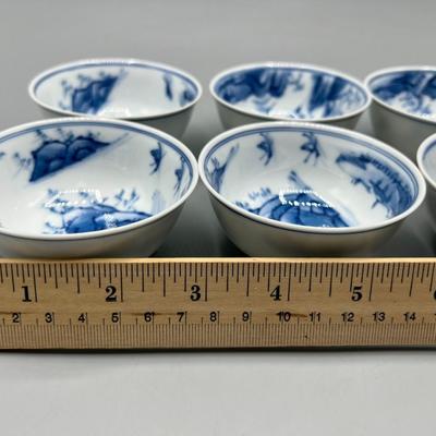 Small Oriental Blue Transferware Ceramic Sake Bowl