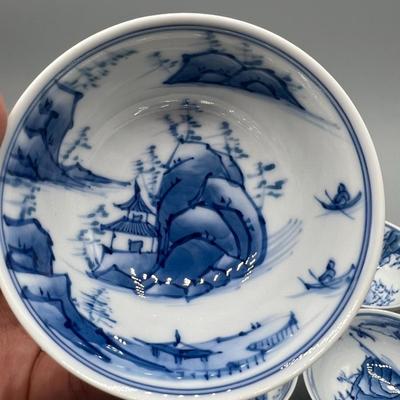 Small Oriental Blue Transferware Ceramic Sake Bowl
