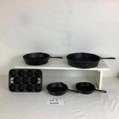 Lot. 6108. Lot of Vintage Cast Iron Skillets & Muffin Pan