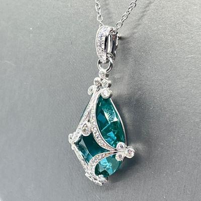 LOT 202: Erica Courtney Diamonique 22 ct tw Sterling Silver Aqua Tormaline Enhancer/Pendant on 20" Chain