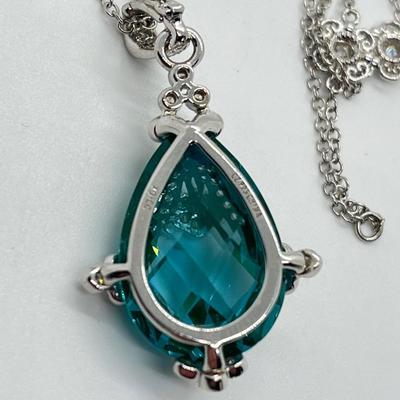 LOT 202: Erica Courtney Diamonique 22 ct tw Sterling Silver Aqua Tormaline Enhancer/Pendant on 20" Chain