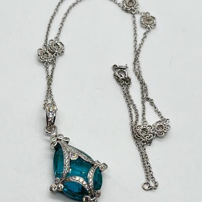 LOT 202: Erica Courtney Diamonique 22 ct tw Sterling Silver Aqua Tormaline Enhancer/Pendant on 20" Chain