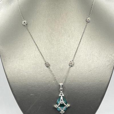 LOT 202: Erica Courtney Diamonique 22 ct tw Sterling Silver Aqua Tormaline Enhancer/Pendant on 20" Chain