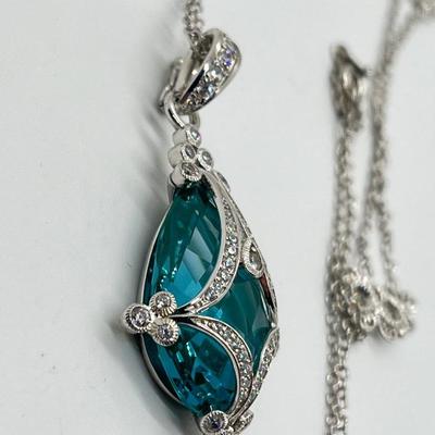 LOT 202: Erica Courtney Diamonique 22 ct tw Sterling Silver Aqua Tormaline Enhancer/Pendant on 20" Chain