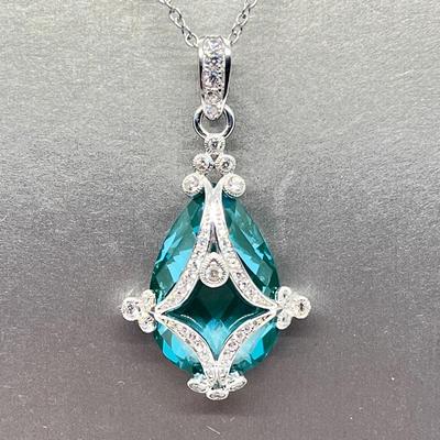 LOT 202: Erica Courtney Diamonique 22 ct tw Sterling Silver Aqua Tormaline Enhancer/Pendant on 20" Chain