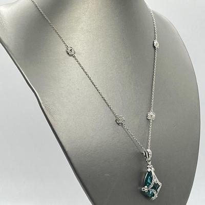 LOT 202: Erica Courtney Diamonique 22 ct tw Sterling Silver Aqua Tormaline Enhancer/Pendant on 20" Chain