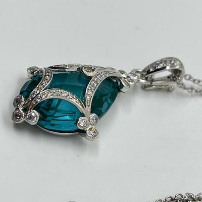 LOT 202: Erica Courtney Diamonique 22 ct tw Sterling Silver Aqua Tormaline Enhancer/Pendant on 20" Chain
