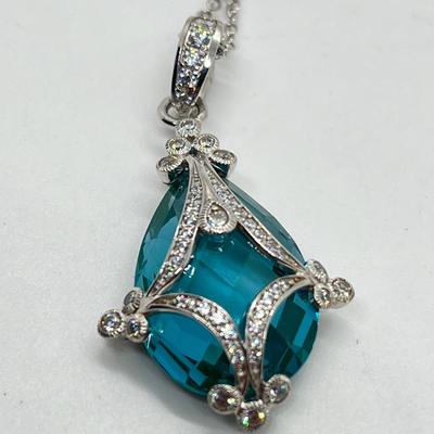 LOT 202: Erica Courtney Diamonique 22 ct tw Sterling Silver Aqua Tormaline Enhancer/Pendant on 20" Chain