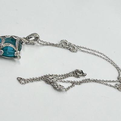 LOT 202: Erica Courtney Diamonique 22 ct tw Sterling Silver Aqua Tormaline Enhancer/Pendant on 20" Chain
