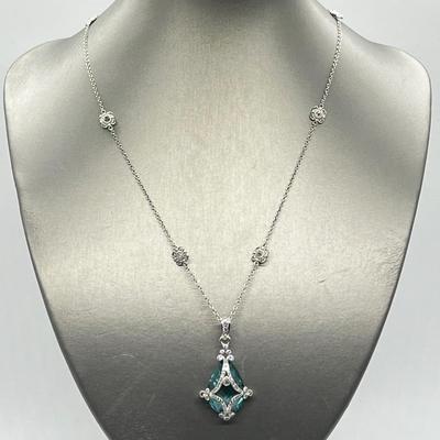 LOT 202: Erica Courtney Diamonique 22 ct tw Sterling Silver Aqua Tormaline Enhancer/Pendant on 20" Chain