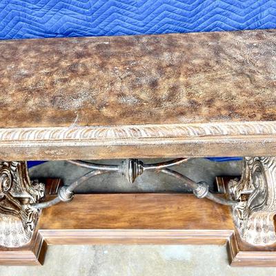 LOT 50  FAUX STONE WOOD & IRON CONSOLE TABLE LIONSHEADS