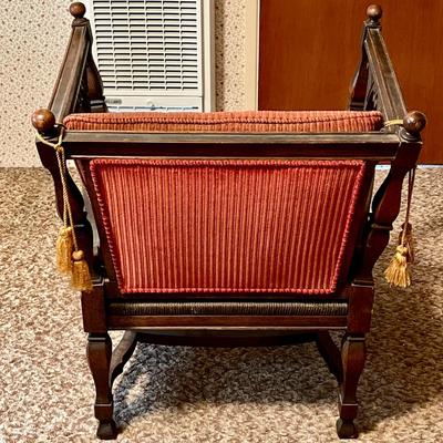 LOT 103  FANCY SPANISH REVIVAL CHAIR RED CUSHIONS TASSELS