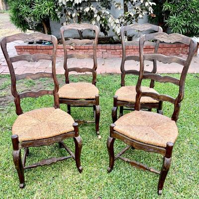 LOT 105  VINTAGE COUNTRY FARMHOUSE WOOD LADDER BACK CHAIRS w/RAFIA SEATS.