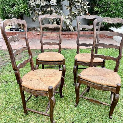LOT 105  VINTAGE COUNTRY FARMHOUSE WOOD LADDER BACK CHAIRS w/RAFIA SEATS.