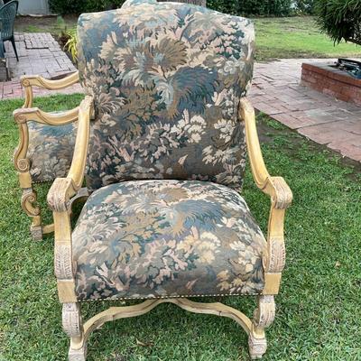 LOT 107   PAIR OF KREISS FURNITURE ROUSSEAU ARM/THRONE CHAIRS TAPESTRY UPHOLSTERY
