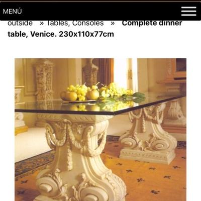 LOT 112  PAIR OF  RECONSTITUTED MARBLE LIKE STONE PEDESTALS GLASS TOP DINING TABLE