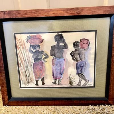 LOT 117  FRAMED WATER COLOR BY SOLANGE  LADIES & MAN PRODUCE BASKETS