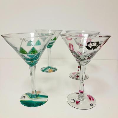 LOT 165  HAND PAINTED MARTINI GLASSES 2 KISSES & 2 BIKINIS