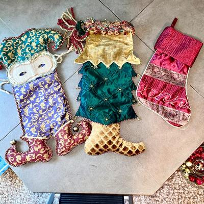 LOT 274 GROUP OF GLAM CHRISTMAS STOCKINGS JESTER CHRISTMAS TREE BOOT RED & GOLD